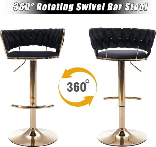 Miniatura 5 de Juego de 2 taburetes de bar de terciopelo giratorios con base de metal dorado, taburetes de bar modernos de altura de mostrador para cocina, pub