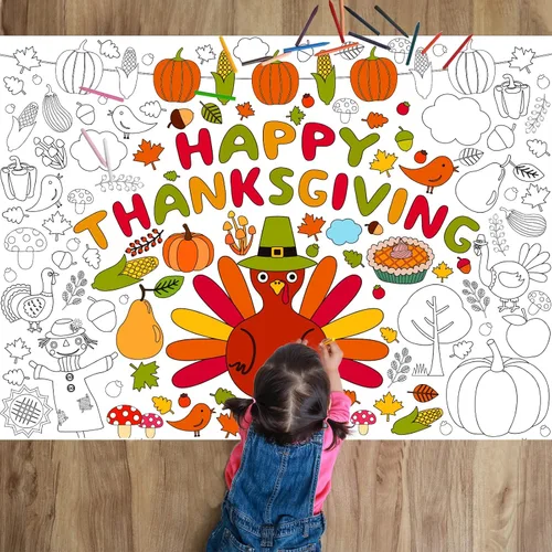 Tevxj Pósteres para Colorear de Acción de Gracias para Niños Pavo Calabaza Póster Gigante para Colorear Otoño Otoñal Mantel Grande para Colorear