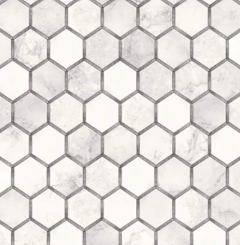 Miniatura 10 de NextWall Papel pintado geométrico hexagonal con incrustaciones para despegar y pegar (negro cósmico y plateado)