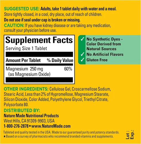 Miniatura 5 de Nature Made Óxido de magnesio 250 mg, suplementos de magnesio para hombres y mujeres, apoyo para la salud muscular, corazón, huesos y nervios, 100