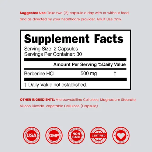 Miniatura 6 de Suplemento de berberina de 500 mg por porción (60 cápsulas) Berberina HCL para apoyo a la salud intestinal para hombres y mujeres - Suplementos