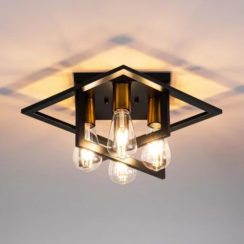 Miniatura 13 de Lámpara de techo semiempotrada, lámpara de techo industrial de 4 luces con marco negro y detalle de grano de madera, iluminación de granja cerca