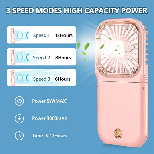 Miniatura 5 de Ventilador de cuello portátil mini silencioso de mano personal plegable USB recargable operado para el hogar, oficina, exteriores, viajes, 3000mAh