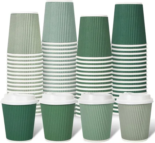 Miniatura 9 de Whaline 100 tazas de café desechables de color azul polvoriento de invierno con tapas, tazas de papel azul degradado de 12 onzas, tazas calientes