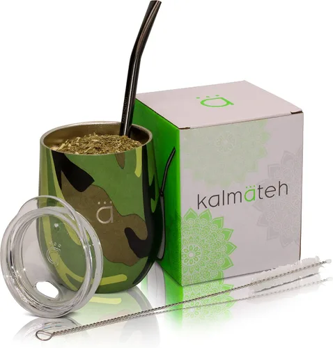 Kalmateh Yerba Mate Gourd - Vaso mate de acero inoxidable de doble pared con tapa sin BPA, popote de filtro Bombilla y cepillo de limpieza, perfecto