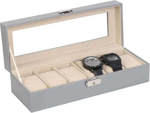 NEX Caja de reloj organizador para hombres, de piel sintética superior de cristal para el almacenamiento de relojes