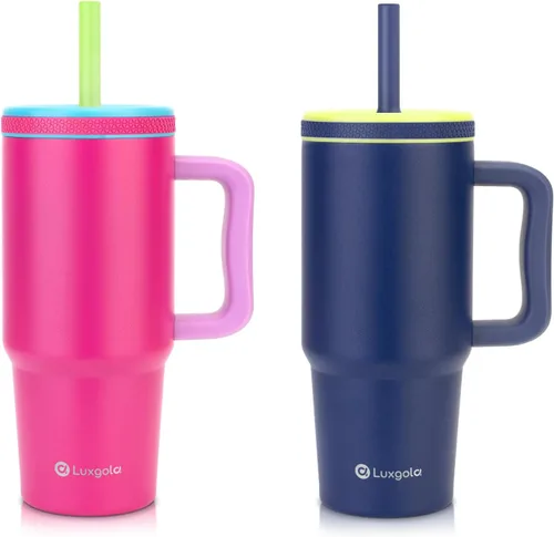 Miniatura 13 de Taza para niños de 24 onzas con asa, tapa de rosca a prueba de fugas con pajita de silicona extraíble, a prueba de derrames, botella aislada