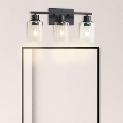 Miniatura 6 de Lámparas de tocador de baño de 3 luces, apliques de pared negro mate con pantallas de vidrio transparente, iluminación de pared moderna de granja