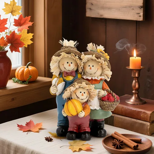 Miniatura 7 de Hodao Decoraciones de Acción de Gracias para mesa, figura familiar de espantapájaros de resina de otoño con cesta de calabaza, maíz y manzana