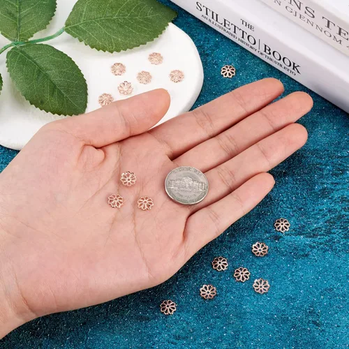 Miniatura 6 de 20 tapas de flores huecas de latón con cuentas de oro rosa de 0.315 pulgadas (0.315 in), espaciador de cuentas sueltas para pendientes, pulseras