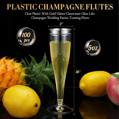Miniatura 3 de Skylety 100 copas de champán con borde plateado a granel de 4.5 onzas, vasos de plástico transparente para tostar, vasos de mimosa, vasos de cóctel