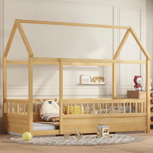 Bellemave Cama individual para niños con marco de techo de casa y valla de seguridad, cama Montessori de madera, cama de perfil bajo para niños y