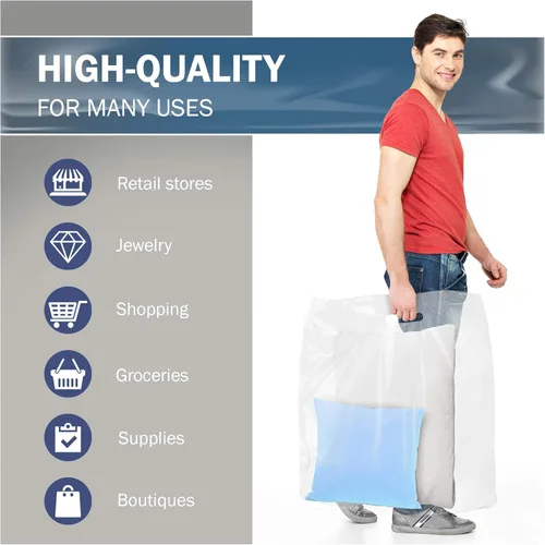 Miniatura 5 de Paquete de 50 bolsas de mercancía transparentes brillantes extra grandes de 26 x 26 pulgadas x 3 mil de grosor, asas troqueladas, ideales