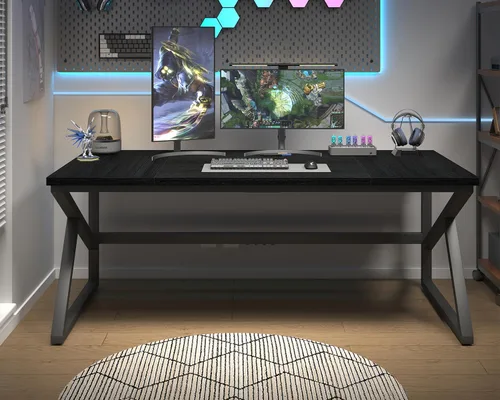 Miniatura 3 de HSH Escritorio Largo de 70 Pulgadas Negro, Escritorio Grande de Metal y Madera para 2 Monitores, Escritorio Moderno para Computadora de Oficina