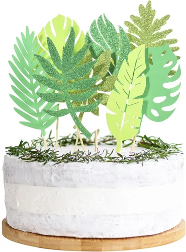 16 piezas de hojas tropicales con purpurina para tartas tropicales, decoración para tartas de boda, decoración de pastel de hojas de palmera para