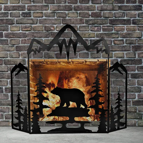 Miniatura 5 de BestGiftEver Pantalla decorativa para chimenea de 3 paneles con un majestuoso oso de montaña, cubierta de chimenea independiente de malla metálica