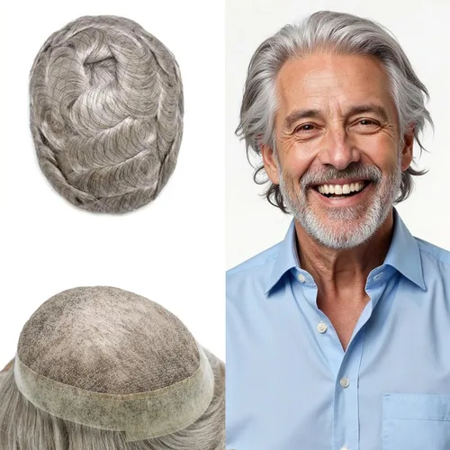 Miniatura 64 de Toupee para hombres Sistema de reemplazo de cabello humano real pieza de cabello humano para hombres encaje suizo para hombre Toupee Hair Pieces