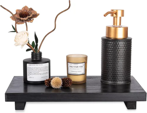 Miniatura 15 de Organizador de encimera de baño, soporte de pedestal de madera, bandeja decorativa de estilo granja, portajabones para decoración de cocina, Negro