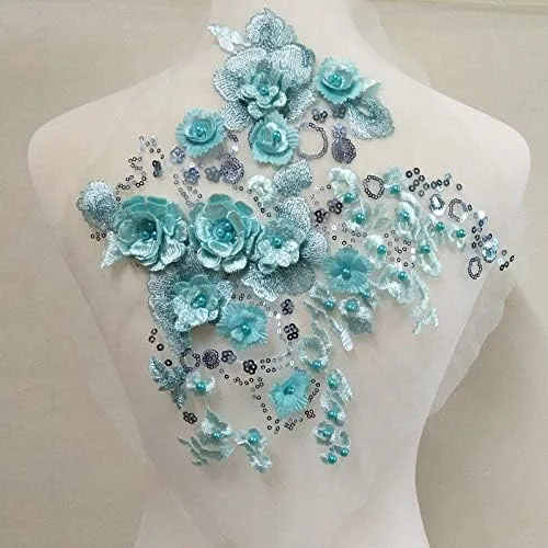 Delicada decoración de flores en 3D, bordado estéreo, colorido, encaje de perlas hecho a mano, decoración de bricolaje, parche de ropa, ropa de Azul