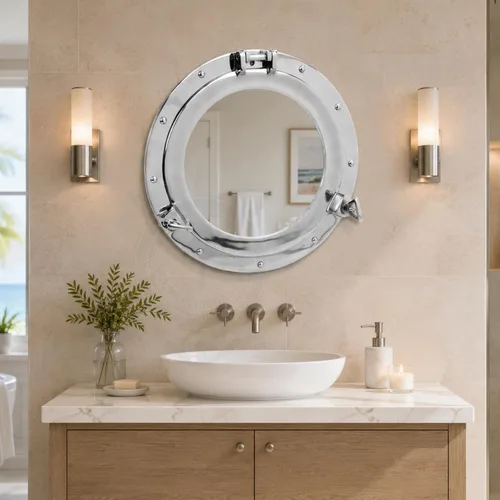 Miniatura 9 de Nagina International Espejo Decorativo de Baño de Ojo de Buey de Aluminio Chapado en Níquel Elaborado en Metal (10 Pulgadas)