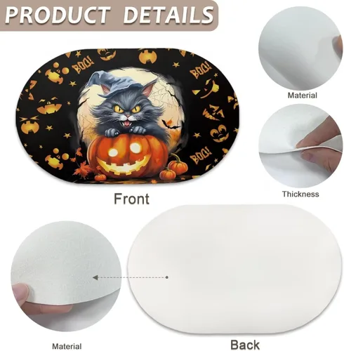 Miniatura 6 de Pumpkin Placemats Oval Placemats Set of 2 Black Cat Table Mats for Dining Tables Washable Heat Resistant Place Mats for Holiday Party Use 12X18 Inch