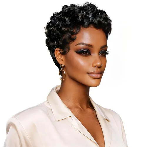 Miniatura 12 de Peluca de cabello humano con corte Pixie para mujeres negras, 100% cabello humano real, peluca corta y recta sin pegamento con flequillo, hecha a