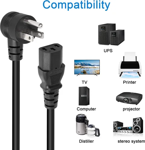 Miniatura 6 de GELRHORN - Cable de alimentación de 3 clavijas NEMA 5-15P a IEC 320 C13, 10 A, 250 V/15 A, 125 V, 18 WAG, ángulo ascendente, NEMA 5-15P a C13, cable