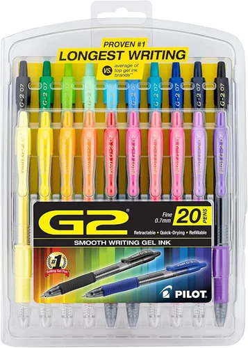 Pilot - Bolígrafos con tinta en gel G2 de alta calidad, punta fina 0.7 mm, colores surtidos, 20 unidades
