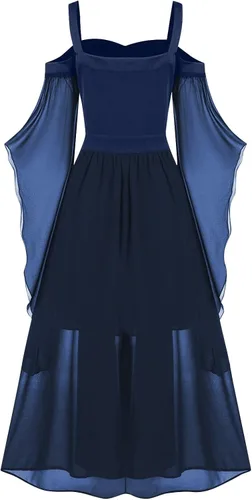 Miniatura 3 de Vestido gótico renacentista para mujer, disfraz de Halloween, hombros descubiertos, encaje, manga trompeta, vestido medieval steampunk 04-navy