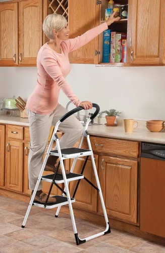 Miniatura 2 de LivingSURE Combo de taburete de escalera de 3 escalones con asa, taburete plegable antideslizante, escalera de pedal extra ancha resistente