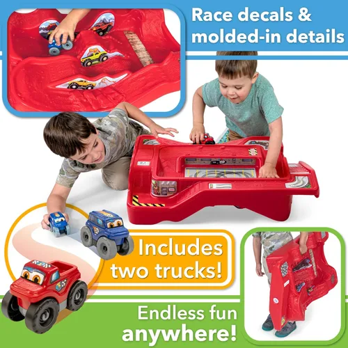Miniatura 4 de Simplay3 Monster City Extreme Wheels - Mesa de carreras de autos - Mesa de juego portátil roja de 2 caras para niños con 2 camiones Monster Race