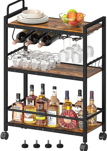 Carrito de bar, carrito de servir para el hogar, carrito de microondas, carrito de bebidas, estante de cocina móvil con estante para vino y soporte