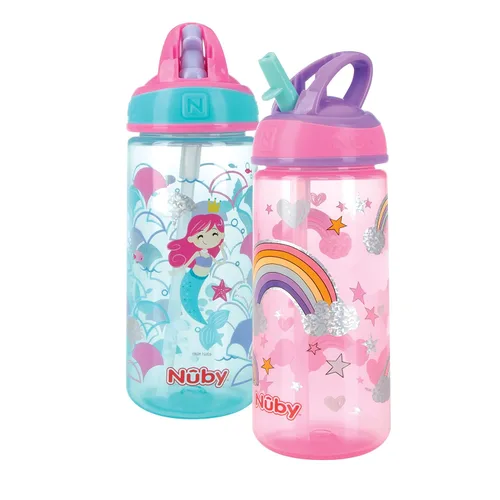 Nuby Paquete de 2 botellas de agua impresas de PP iridiscentes Flip-it Kids On-The-Go con popote duro a prueba de mordeduras, 18 onzas, más de 18
