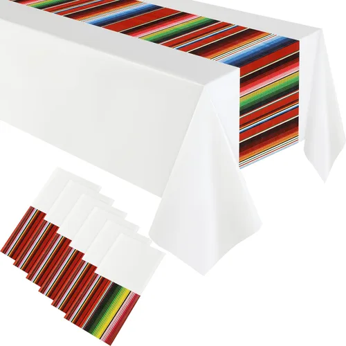 Hosuly Mantel de plástico para fiesta mexicana, 6 unidades, 54 x 108 pulgadas, mantel de plástico a rayas para decoraciones de fiesta mexicana Fondo