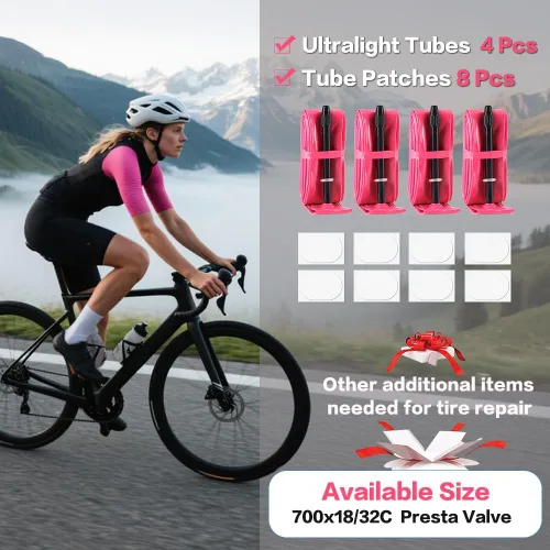 Miniatura 2 de Paquete de 4 tubos interiores ultraligeros de TPU para bicicleta, 700X18C/23C/25C/28C/30C/32C, válvula Presta de 45/65/3.346 in, color rosa