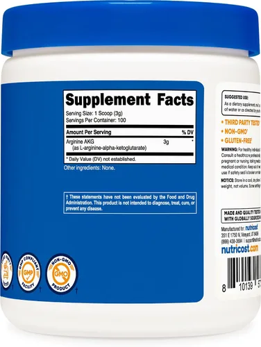 Miniatura 6 de Nutricost Arginina AKG polvo 10.58 onzas (AAKG) – .10 onzas por porción y 100 porciones – Pura arginina alfa ketoglutarato