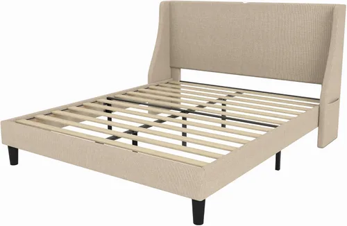 Miniatura 7 de VECELO Base de cama Queen con cabecera tapizada con respaldo alado, base de cama de plataforma resistente con estación de carga y bolsillos Beige