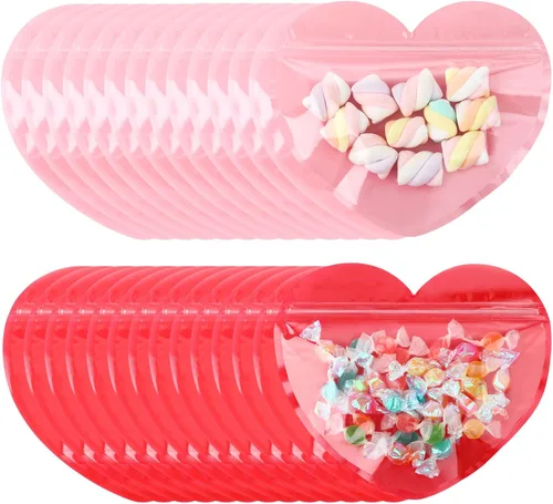 Miniatura 7 de Yexiya 50 bolsas de regalo de corazón grandes para pequeñas empresas de 3.4 x 4 pulgadas, bolsas de joyería transparentes en forma de corazón, Rojo