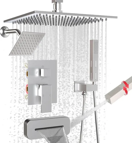 Miniatura 20 de Enga Sistema de ducha con chorros corporales de 12 pulgadas, ducha de lluvia montada en la pared y pulverizadores de mano de latón de cuerpo