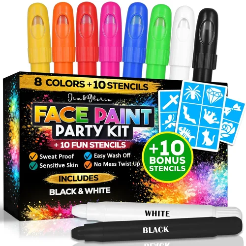 Jim&Gloria Kit de pintura facial con plantillas, 8 grandes kit de pintura facial profesional, maquillaje de pintura corporal lavable, crayones de