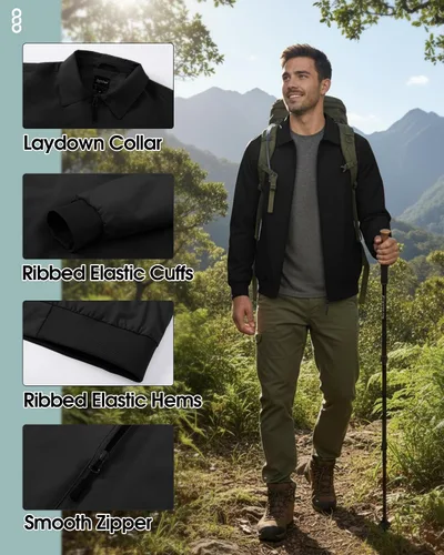 Miniatura 4 de 33,000ft Chaquetas ligeras para hombre, con cremallera completa, rompevientos, cuello ligero, elegante, casual, chaqueta de golf con bolsillos