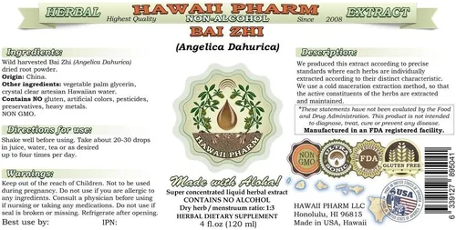 Miniatura 3 de Bai Zhi Extracto líquido sin alcohol, Bai Zhi, Dahurian Angelica (Angelica Dahurica) Root Glycerite Hawaii Pharm Suplemento herbario natural 4x4 oz