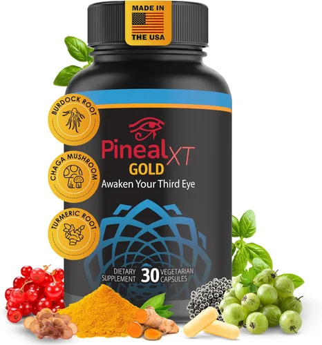 Pineal XT Gold - Suplemento de glándula pineal - Despertar del tercer ojo - Suplemento de enfoque y memoria para el cerebro - 7 ingredientes