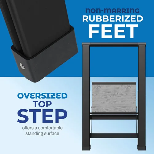 Miniatura 4 de Escalera de Peldaños de 1 Escalón Plegable, Decorativa - Hermosa Madera Gris y Aluminio Negro, Perfil Ultra Delgado, Peldaños Antideslizantes