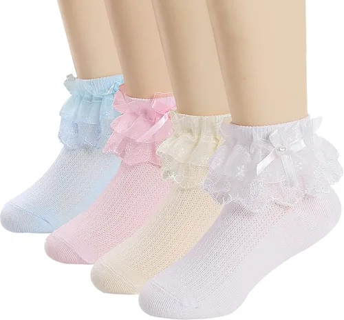 Miniatura 9 de Looching 5 pares de calcetines de encaje con volantes y lazo con volantes de malla con ojales de princesa, calcetines de vestir al tobillo