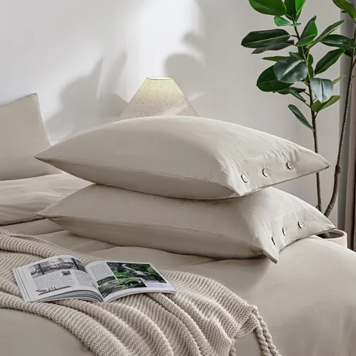 Miniatura 5 de JELLYMONI Juego de 2 fundas de almohada estándar de algodón con botones de 20 x 26 pulgadas, fundas de almohada de lino gris, 100% algodón lavado