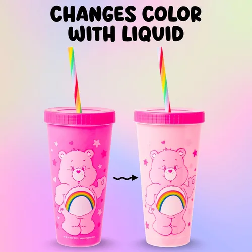 Miniatura 11 de Silver Buffalo Care Bears Corazones y Estrellas Juego de 4 Vasos de Plástico Cambian de Color con Popotes de Espiral Arcoíris con Tenderheart