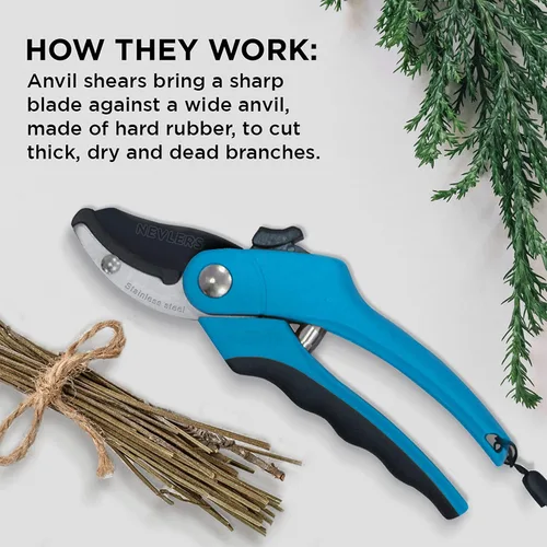 Miniatura 7 de Nevlers Tijeras de podar de yunque azul de 8 pulgadas resistentes Podadoras de mano para jardinería con cuchillas de acero, bloqueo de seguridad