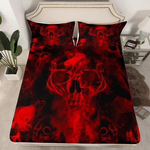 Miniatura 2 de Juego de sábanas de calavera gótica, diseño de esqueleto rojo y negro, tamaño individual para niños, adolescentes, hombres y mujeres, juego de ropa