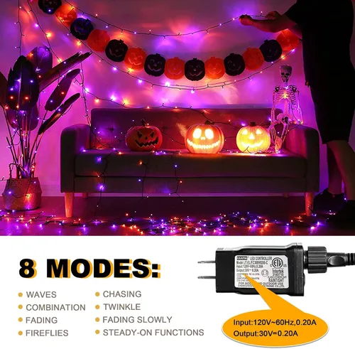 Miniatura 3 de weillsnow Luces de Halloween Moradas y Naranjas, 200 LED 66 Pies con Enchufe Luces de Cadena de Halloween Impermeables, 8 Modos con Memoria